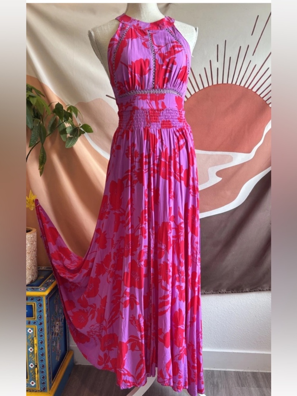 Abel the Label Charlotte Pink Red Floral Print Halter Maxi Dress Size M